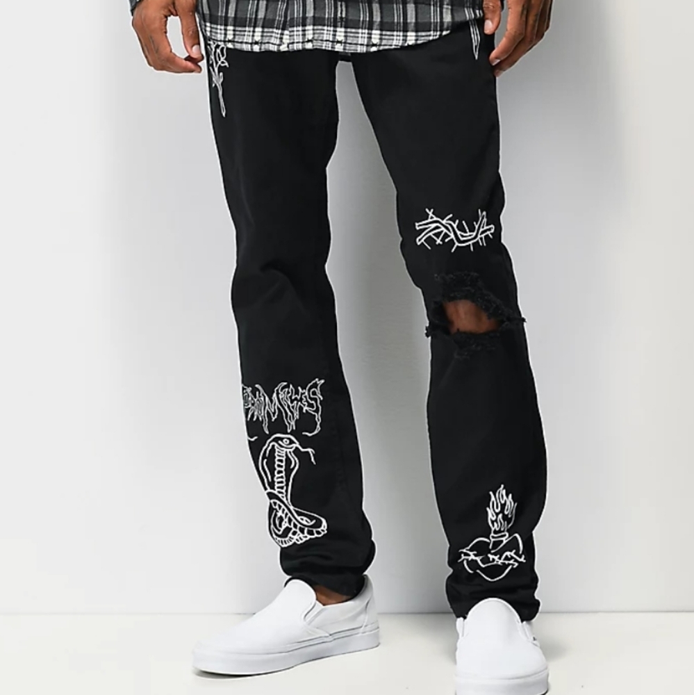 Broken Promises Unfortunate Black Tattoo Distressed Jeans 34